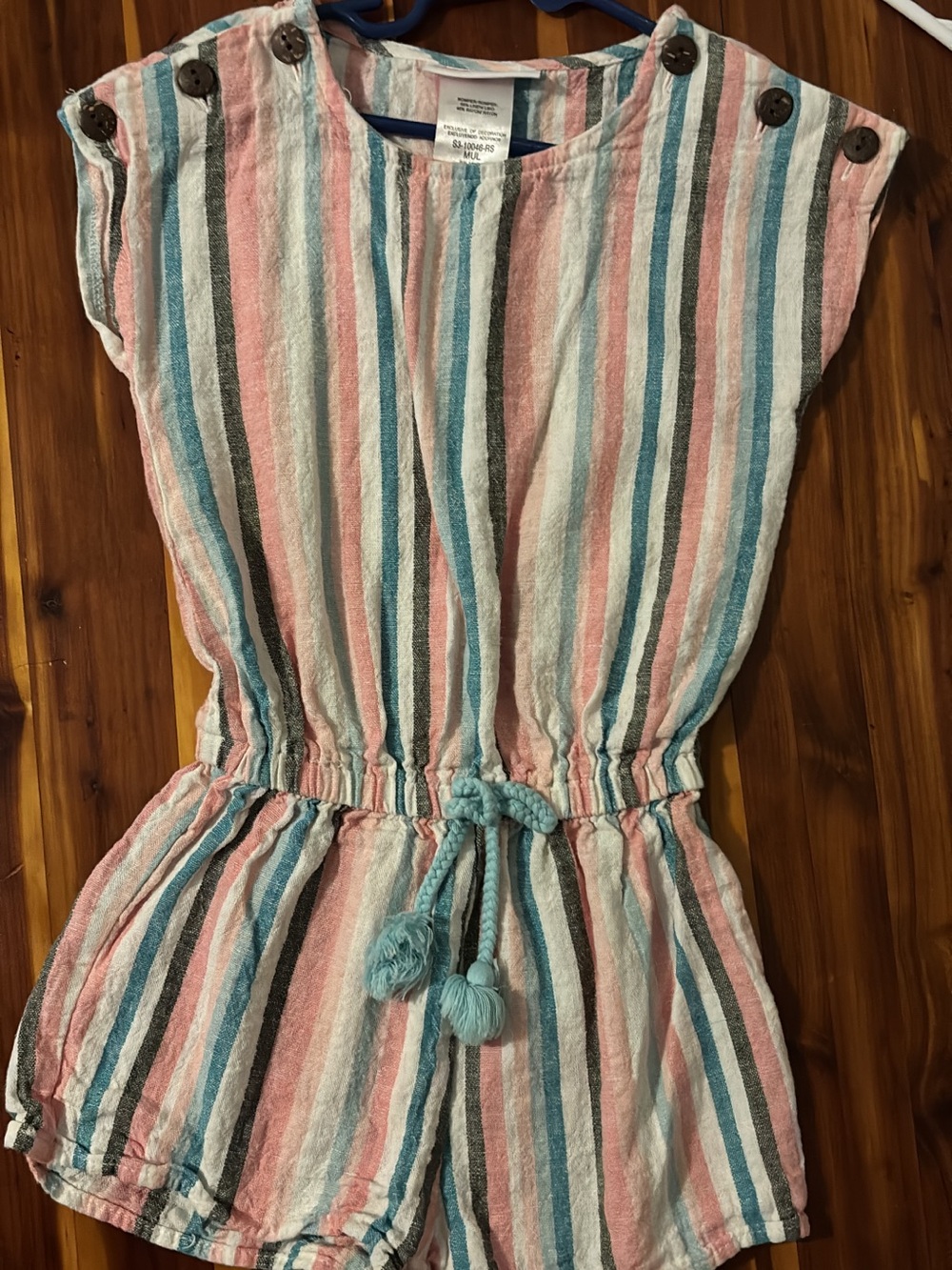 Striped Pink & Blue Girls Romper with Braided Pom Tie